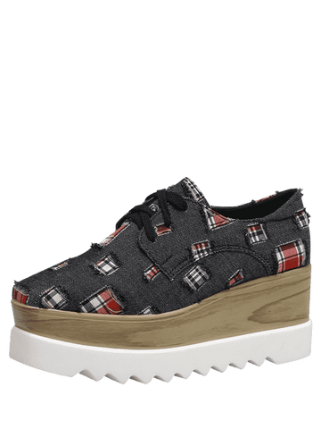 Stunning Plaid Denim Square Toe Wedge Shoes