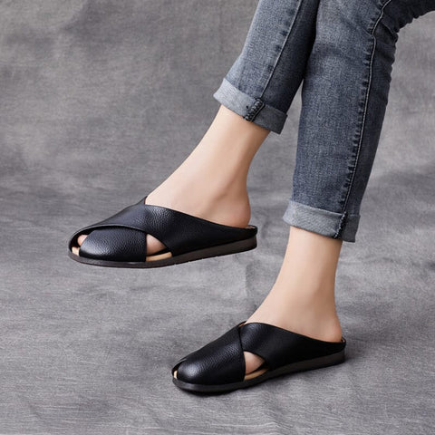 Women Handmade Leather Retro Flat Slides