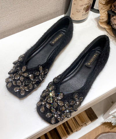 Schwarze flache Schuhe stilvolle Wildleder handgemachte Spleißen Zirkon