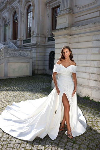 Off-the-Shoulder Mermaid Wedding Dress Satin Long With Slit