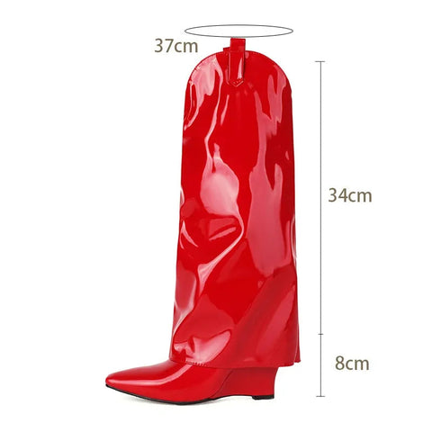 - Lackleder Weiße Kniehohe Stiefel Damen Keilabsatz Slip On Schwarz Rot Lange Stiefel Hosen Design Hosen Schuhe Große Größe 45