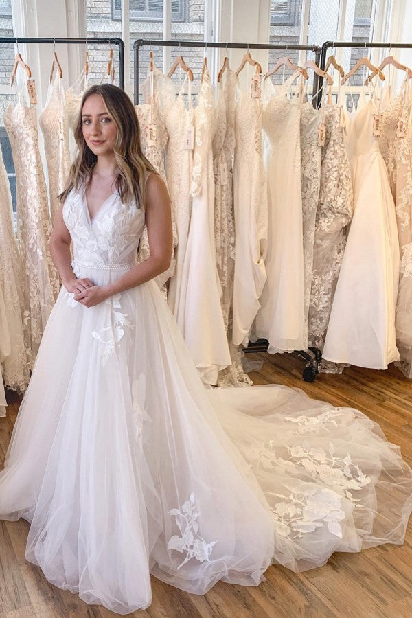 BMbridal V-Neck Sleeveless Beach Wedding Dress Tulle With Appliques