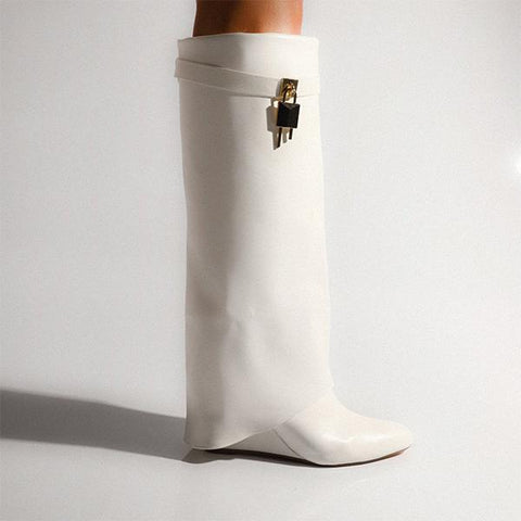 Women Pointed Toe Fold Over Wedge Heel Knee High Boots