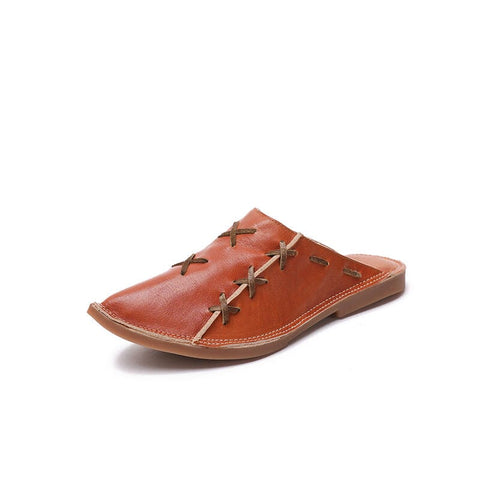 Women Summer Retro Leather Flat Slippers