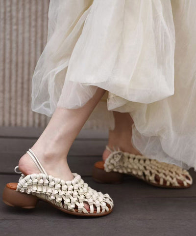 Handmade Comfy Beige Hollow Out Cowhide Leather Chunky Sandals