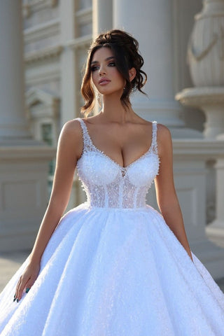 White Starps Ball Gown Wedding Dress Sleeveless With Beadings