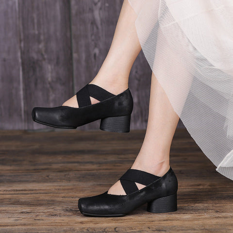 Women Retro Cowhide Leather Pumps Casual Shoes