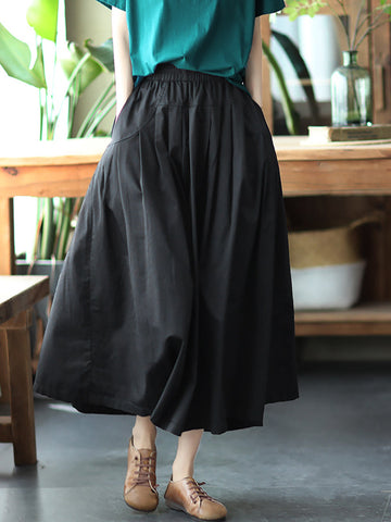 Women Summer Casual Solid Stitching Pocket Loose Skirt