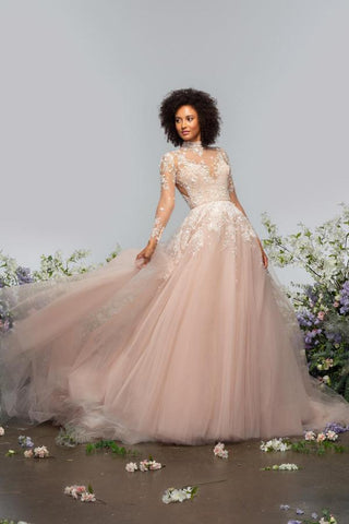 Champagne High Neck Wedding Dress Long Sleeves With Appliques
