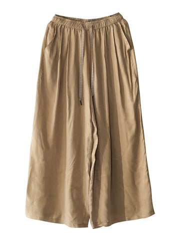 Women Solid Pleat Drawstring Pocket Loose Straight-leg Pants