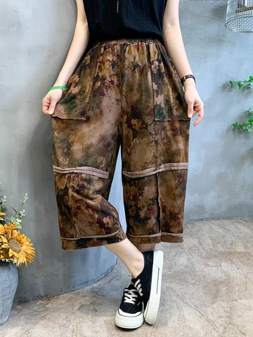 Women Summer Retro Flower Print Spliced Pocket Loose Pants