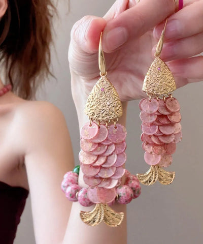 Beach Pink Alloy Fish Scales Tassel Drop Earrings