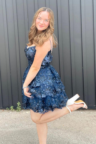 Cute A Line Spaghetti Straps Blue Corset Short Homecoming Dress with Ruffles