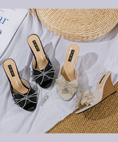 Stilvolle Splicing Wedge Heels Slide Sandalen Black Bow Peep Toe