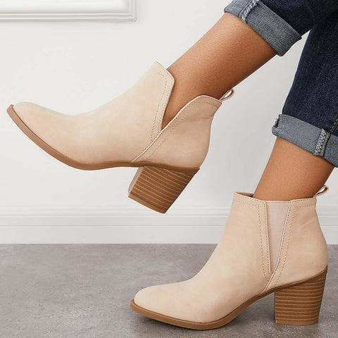 Cutout Western Ankle Cowboy Boots Chunky Stacked Heel Booties