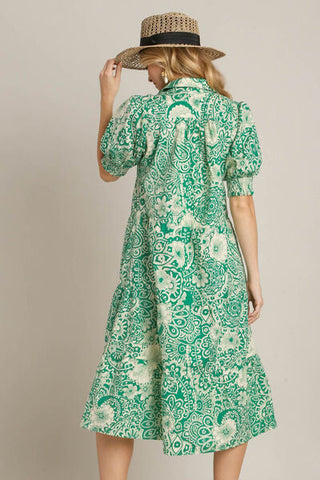 Full Size Cuff Puff Sleeve Midi Resort Dress