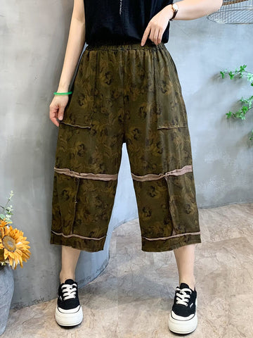 Women Summer Retro Flower Print Spliced Pocket Loose Pants