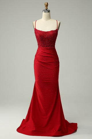 Mermaid Spaghetti Straps Dark Green Long Prom Dress with Appliques