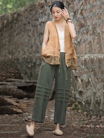 Women Vintage Solid Summer Straight Ramie Pants