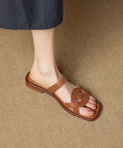 New Brown Splicing Cowhide Leather Slide Sandals Peep Toe