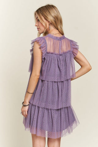 Muave Layered Ruffled Cap Sleeve Mesh Dress