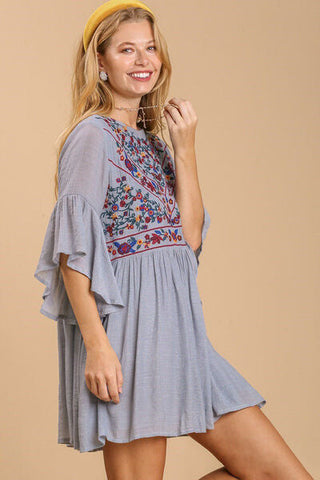 Full Size Floral Embroidered 3/4 Bell Sleeve Boho Dress