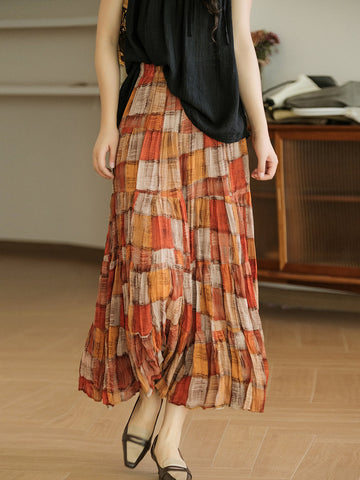 Women Bohemian Pleat Spliced Colorblock Layered Skirt