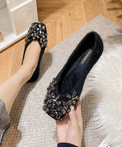 Schwarze flache Schuhe stilvolle Wildleder handgemachte Spleißen Zirkon