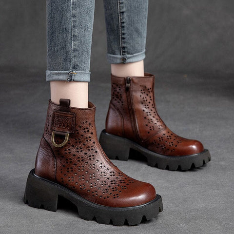 Women Reto Hollow Leather Lug Sole Summer Boots
