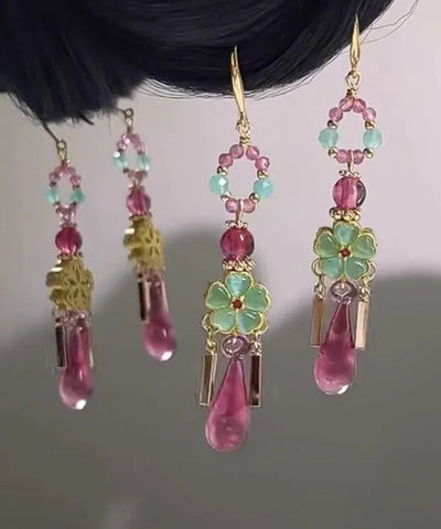 Art Pink Copper Overgild Water Droplet Tassel Drop Earrings