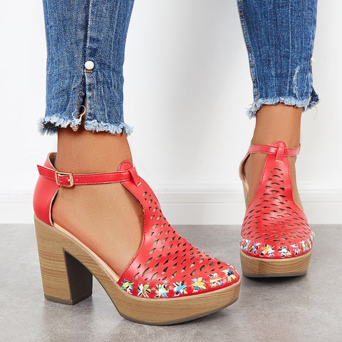 Platform Block Chunky High Heels Ankle T-Strap Cutout Sandals