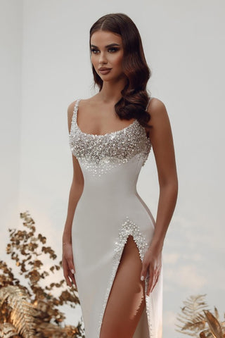 Spaghetti-Straps Mermaid Wedding Dress Sleeveless Split Long With Pearls