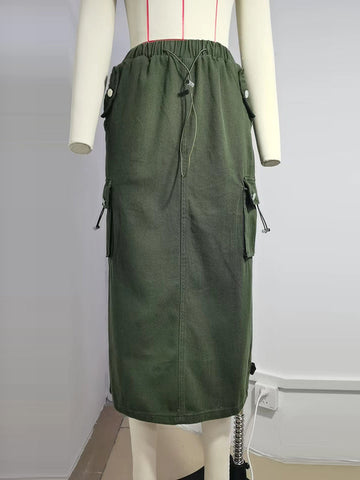 Buttoned Drawstring Pockets Solid Color Split-Joint A-line Skirts Bottoms