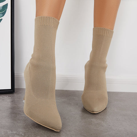 Stretch Stilettos Sock Booties Pointed Toe High Heel Mid Calf Boots