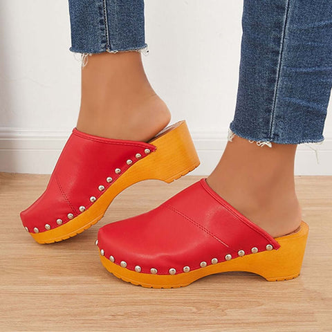 Women Casual Heeled Mules Closed Toe Slip-on Slide Sandals