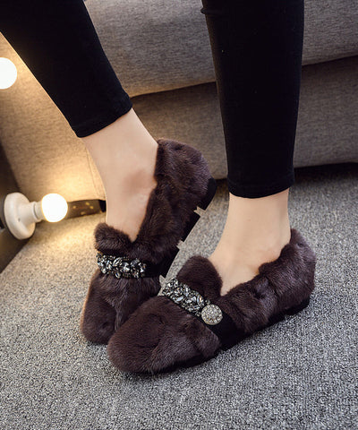 Schwarz Khaki Nerz Haar Boutique Spleißen Zirkon Flache Schuhe