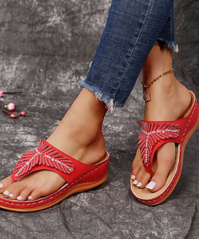 0508Red Wedge Faux Leather Soft Splicing Zircon Flip Flops Sandals