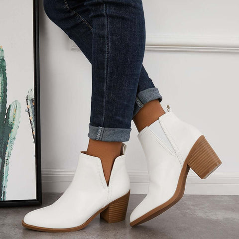 Cutout Western Ankle Cowboy Boots Chunky Stacked Heel Booties