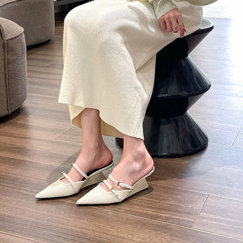 Half Slippers Women 2024 Summer New Outer Wear Fashion Solid Color pointed end Toe Thick Heel High-heeled Women's Shoes