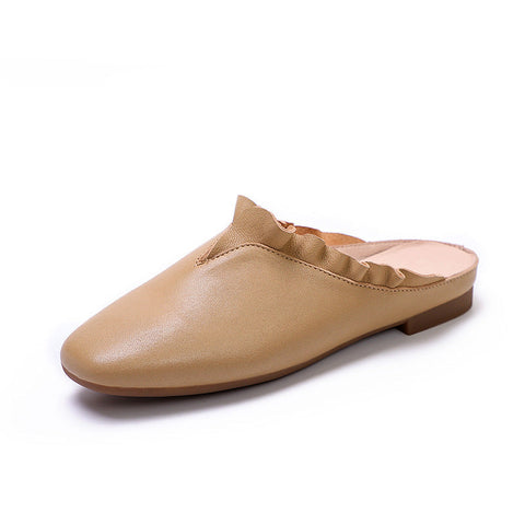 Women 2022 Vintage Leather Ruffle Trim Casual Slippers