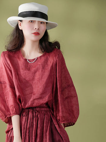 Women Summer Vintage Solid Drawstring Loose Shirt+Skirt