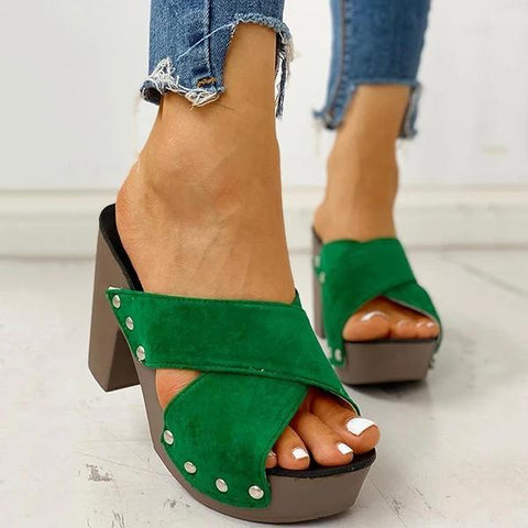 Rivet Criss Cross Chunky Block Heels Platform Slip-on Sandals