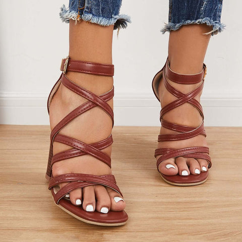 Criss Cross Chunky Block High Heels Ankle Strap Sandals