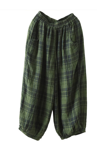 Women Summer Vintage Pocket Plaid Linen Harem Pants