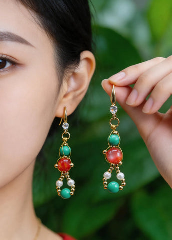 Stylish Orange Crystal And Fine Turquoise Drop Earrings