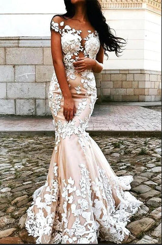 BMbridal Cap Sleeves Mermaid Wedding Dress Open Back With Appliques