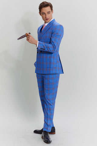 Blue Plaid Men's 3 Piece Tuxedo Suits