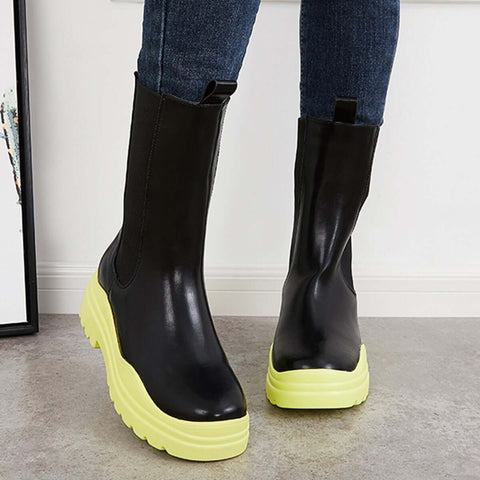 Platform Lug Sole Mid Calf Chelsea Boots Chunky Block Heel Booties