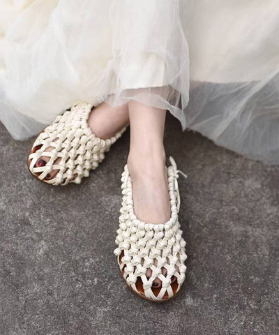 Handmade Comfy Beige Hollow Out Cowhide Leather Chunky Sandals