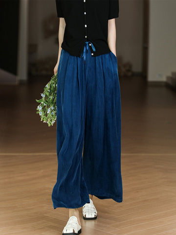 Women Solid Pleat Drawstring Pocket Loose Straight-leg Pants